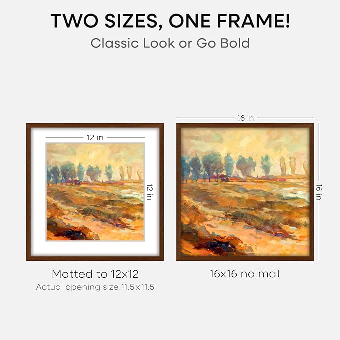 Homeforia 16x16 Brown Oak Picture Frame, High-End Wood, 12x12 Mat, Glass