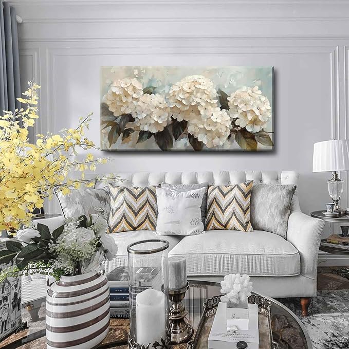 Large Hydrangea Canvas Wall Art 3D Texture White Flower Plant painting Decor Pictures Botanical Floral Posters Prints for Living Room Classroom Bedroom office corridor Decoration