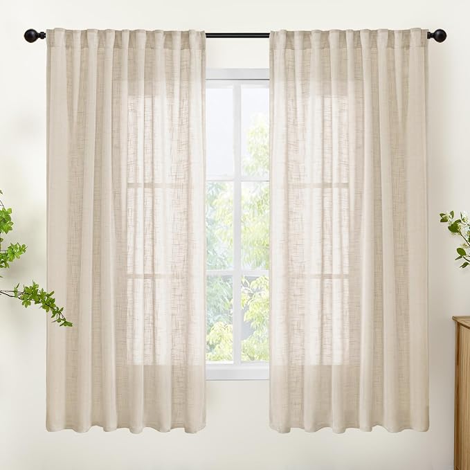 Oatmeal Linen Semi Sheer Curtains 63 Inches Long for Living Room 2 Panels | Light Filtering Window Drapes Natural Textured for Bedroom with Rod Pocket Back Tab, 52 X 63 Inch