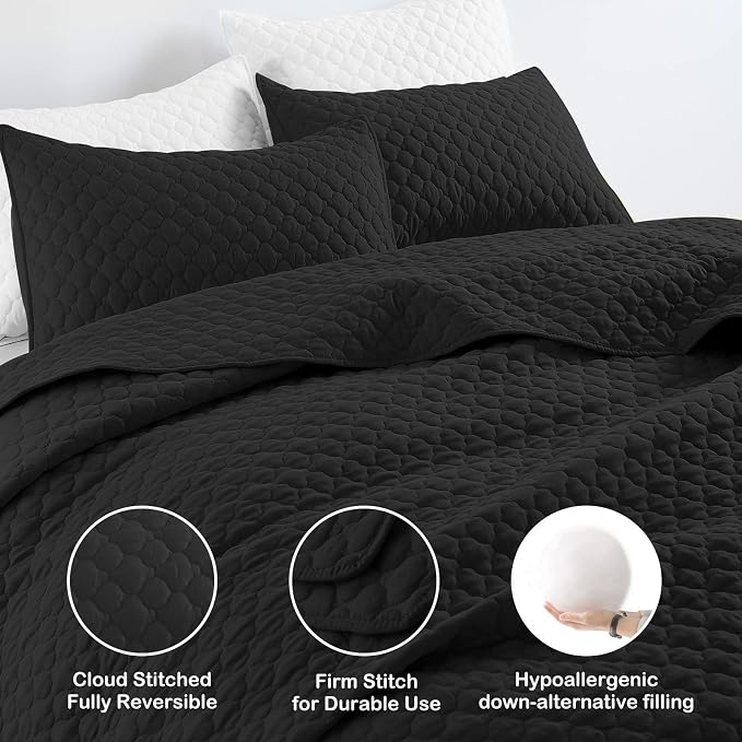 HORIMOTE HOME Quilt Set King Size, Black Bedspread with Clouds Pattern, Soft Coverlet Set Lightweight Microfiber Quilted Bedspread for All Season, Includes 1 Quilt and 2 Pillow Shams