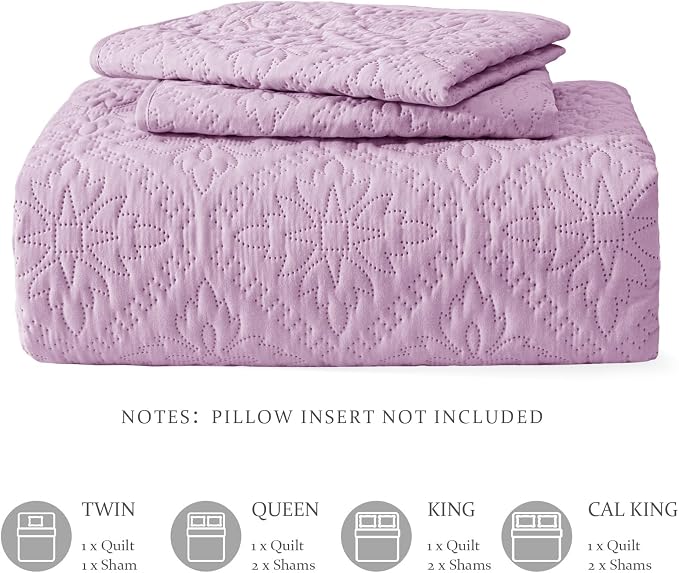 Exclusivo Mezcla California King Quilt Set, Lilac | Lightweight Soft Bedspreads Coverlets, All Season Bedding with 2 Pillow Shams, Modern Style for Bedroom Guest Room