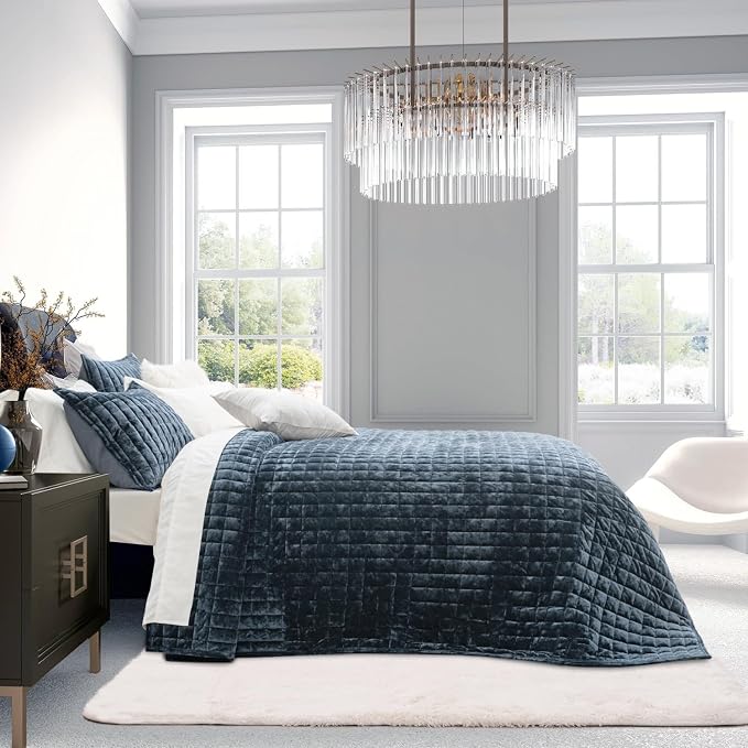RECYCO Channel Box Stitch Velvet Quilt Set, Full Queen Size, Stormy Blue | Ultra Soft Lightweight Velvet Comforter, Luxury Oversized Bedspread Coverlet, Quilted Bedding Set for All Season with 2 Shams