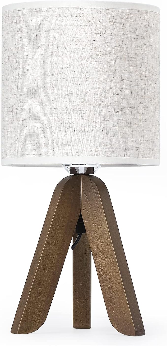 HAITRAL Wooden Tripod Table Lamp with Brown Base, Small Table Lamp,13.4Inch