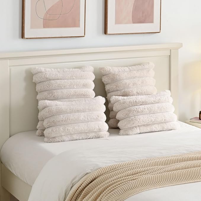 HAUSSY Pack of 2 Pillow Covers 20x20 Inch, Faux Fur Decorative Couch Throw Pillows Soft Striped Plush Cushion Covers Home Decor Cute Furry Pillowcase for Living Room Sofa Bed, Beige (Covers Only)