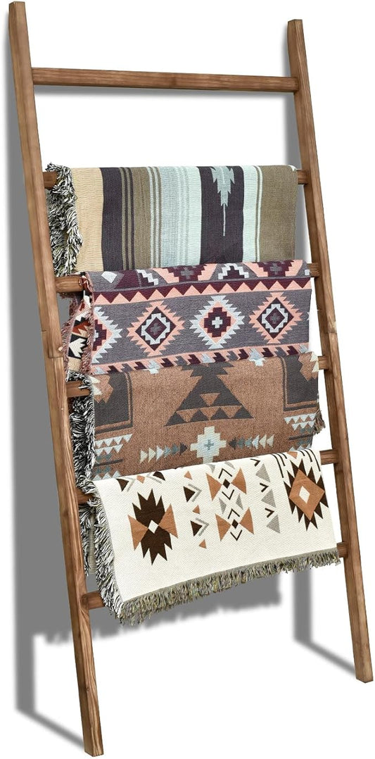 FUIN Blanket Ladder, 38in Extra Wide Solid Wood Rustic Decor Rack, Brown | 6.4 ft high and 38 in wide, farmhouse quilt display ladders, organize blankets, leaning wall, bathroom and living room use