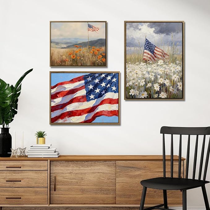 American Flag Framed Canvas Wall Art, 4th of July Patriotic Canvas Prints | USA Flag with Picture Poster Print, Modern Independence Day Wall Decor for Bedroom Living Room Office 12×16in