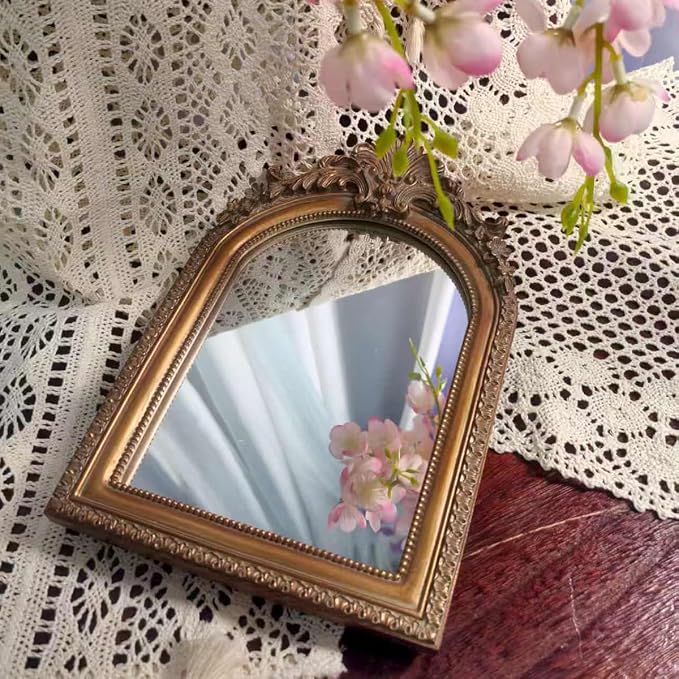 Bronze Vintage Vanity Desk Makeup Mirror Antique Decorative Wall Mirror,Resin Carved Arched Mirror for Living Room,Bedroom Dresser,Home Decor ﻿ (Medium)