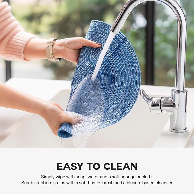 BARoyal Round Placemats Set of 6 Woven Placemats Washable Braided Table Mats for Dining Table Heat Resistant Non-Slip Circle Place Mats(Mid Blue)