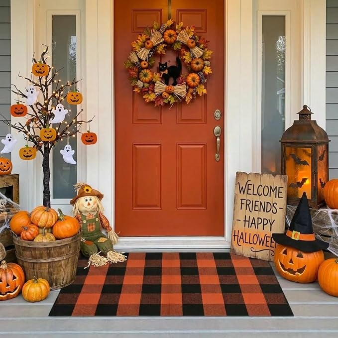 SEEKSEE Buffalo Plaid Outdoor Rug 27.5x43 Orange and Black Front Door Mat, Layering Rug for Porch, Halloween Doormat, Front Porch Rug for Outdoor Entrance Entryway Patio Porch Decor