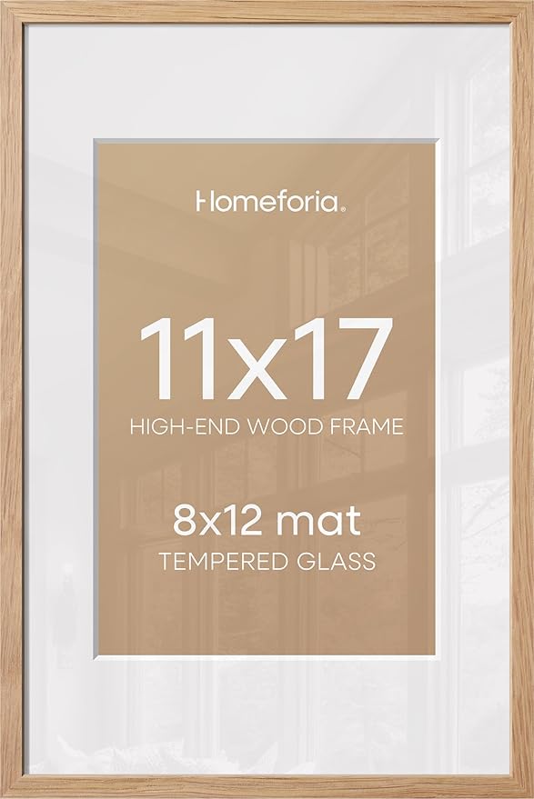 Homeforia 11x17 Natural Oak Picture Frame, High-End Wood, 8x12 Mat, Glass