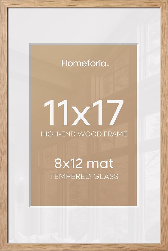 Homeforia 11x17 Natural Oak Picture Frame, High-End Wood, 8x12 Mat, Glass