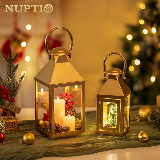 NUPTIO Gold Lanterns Decorative Outdoor, 8.6 Inch Lantern with Glass