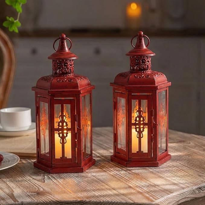 JHY DESIGN Set of 2 Decorative Candle Lanterns 10“H Vintage Hanging Lanterns Metal Candleholders for Indoor Outdoor Events Parities Gothic and Halloween (Red with Black Brush)