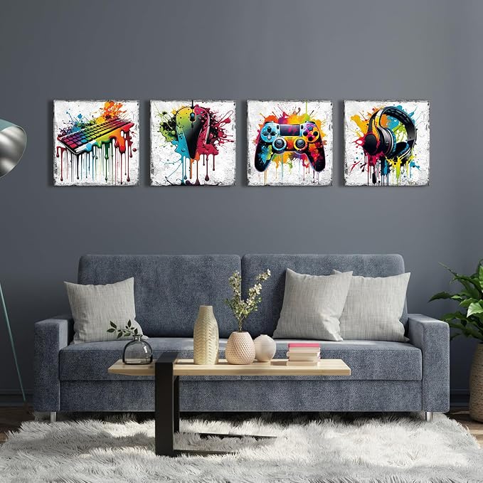 Banksy Gaming Wall Art Game Room Decor for Boys Graffiti Gamer Playroom Wall Decor Cool Gamepad Headphones Canvas Pictures Street Pop Painting Modern Artworks Bedroom Home Decorations 16x16" 4 Pieces