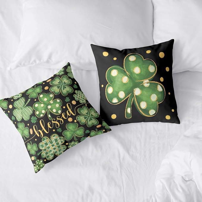 Set of 2 St. Patrick's Day Throw Pillow Covers Buffalo Plaid Dot Shamrock Pillow Covers 16x16 Lucky Blessed Pillow Cases for Spring March Holiday Saint Patricks Day Decor