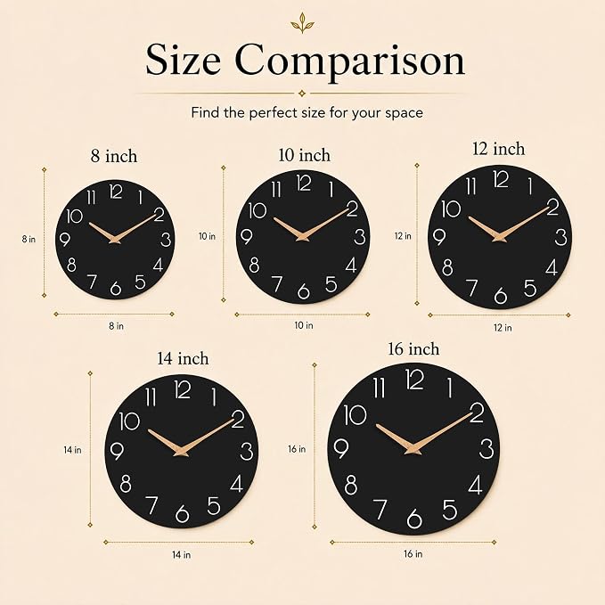 cicininc 14 Inch Battery Operated Wall Clock, Silent Analog, Black | Living Room | Office | Bedroom | Decorative Style | Modern Style