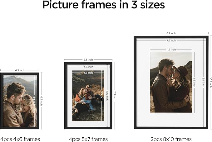 eletecpro Aluminum Gallery Wall Frame Set of 10 with Glass Cover, Black | Including 2Pcs 8x10, 4Pcs 5x7, 4Pcs 4x6 Photo Frames, Multiple Sizes Picture Frames Collage Wall Decor or Tabletop Display