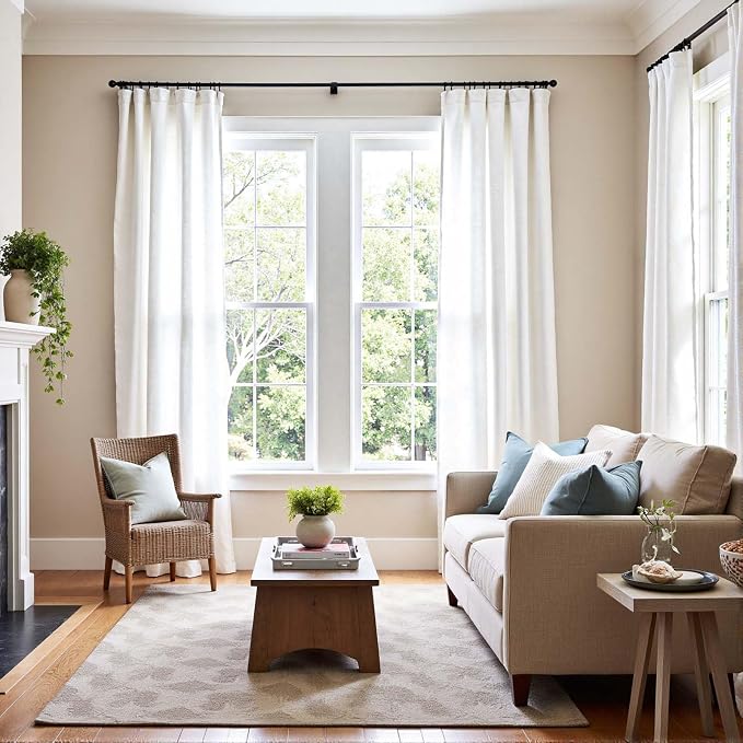jinchan Linen Curtains Light Filtering Back Tab 50x63 Inch 2 Panels White | Semi Sheer Curtains 63 inch length for Bedroom Living Room, Modern Farmhouse Drapes with Rod Pocket, Natural Boho Curtains