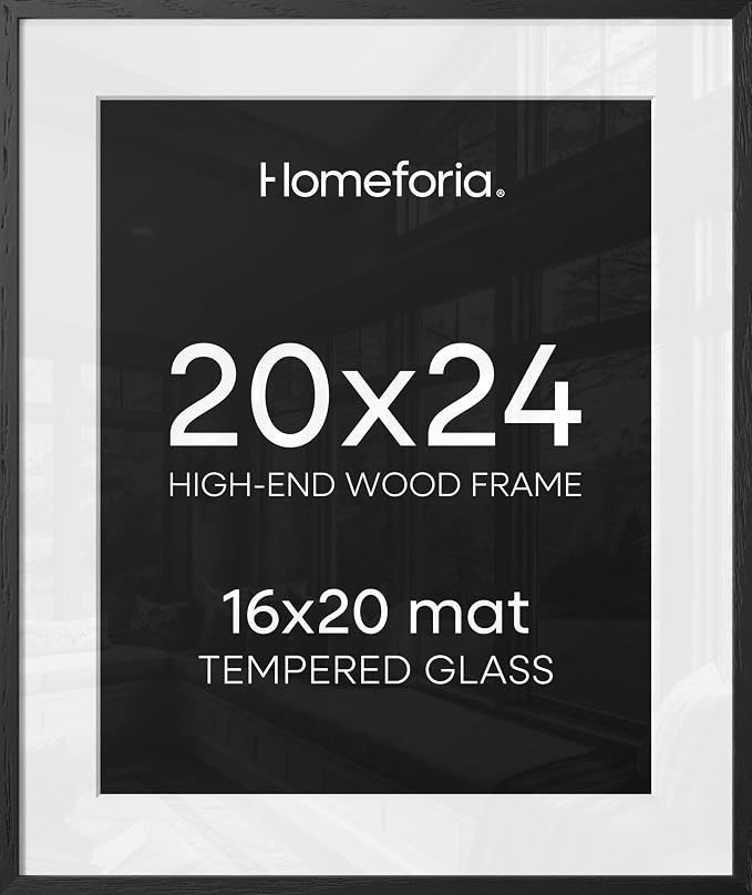 Homeforia 20x24 Black Oak Picture Frame, High-End Wood, 16x20 Mat, Glass