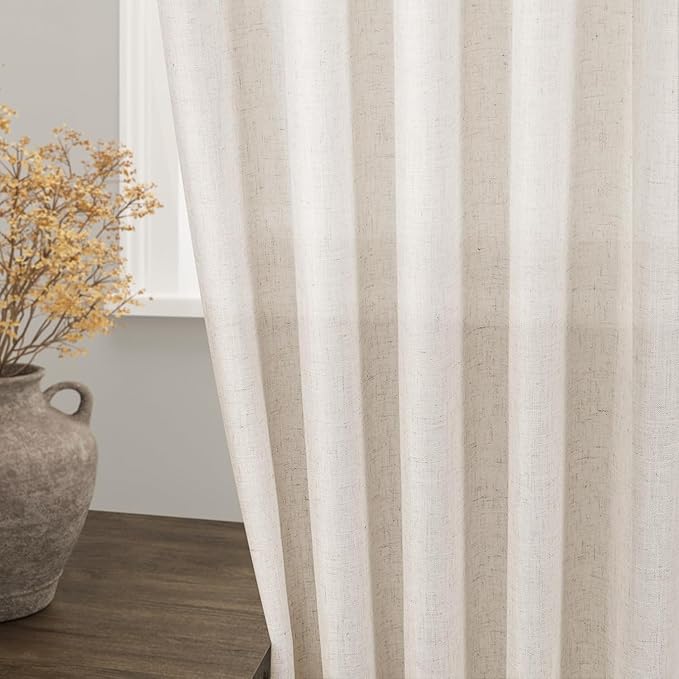 Beige Linen Curtains 90 Inches Long for Living Room Back Tab and Rod Pocket Semi Sheer Privacy Curtains Farmhouse Linen Cotton Textured Curtain for Bedroom 70x90,2 Panel