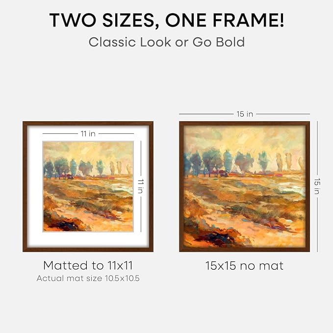 Homeforia 15x15 Brown Oak Picture Frame, High-End Wood, 11x11 Mat, Glass