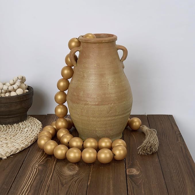 OMISHE 60" Long Extra Large Wood Bead Garland with 1.6" Diameter Wooden Beads and Tassels, Rustic Farmhouse Country Decorative Beads for Home Decor Tiered Tray Decor, Gold