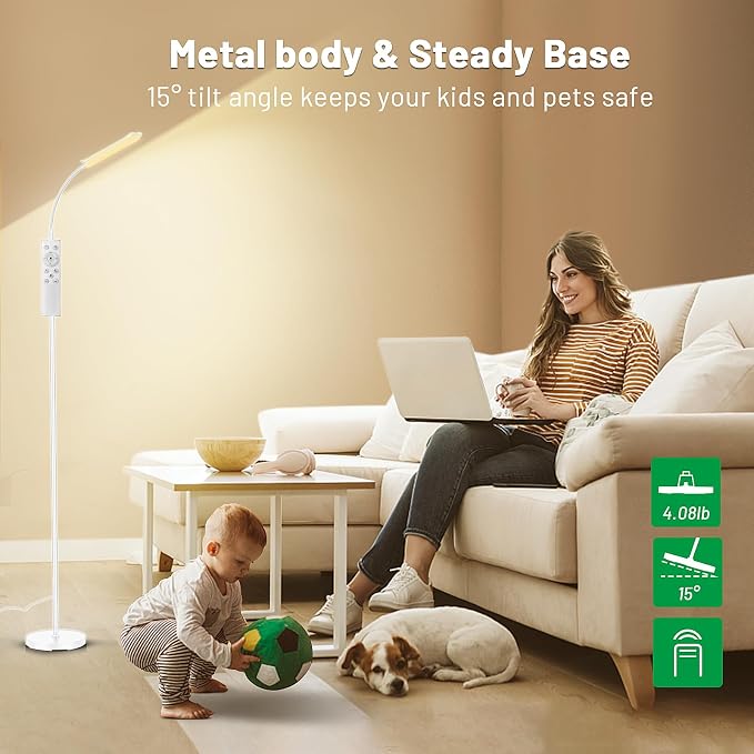 Yikuneng Dimmable LED Floor Lamp, Super Bright Reading Lamps Floor Standing Lamp with Remote & Touch Control, Stepless Dimming & 2700K-6500K Color Temperature, for Living Room Bedroom Office, White
