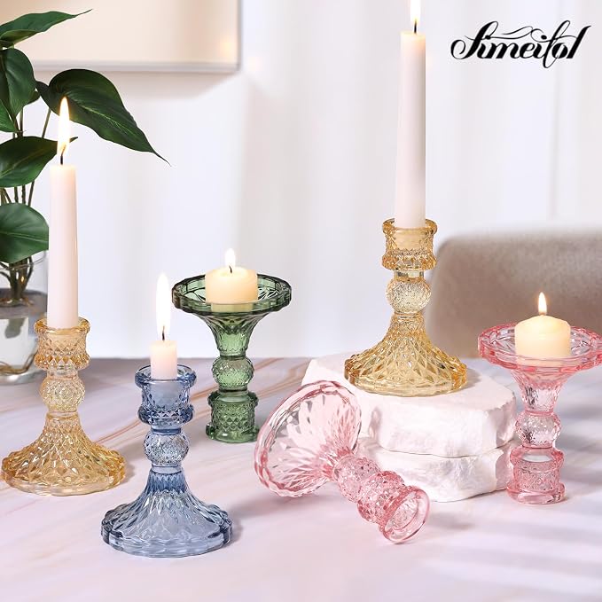 Glass Candle Holder Set of 12, Pink Taper Candle Holders Bulk | Vintage Candlestick Holders, Candle Stick Holder for Table Centerpieces, Wedding & Mother's Day
