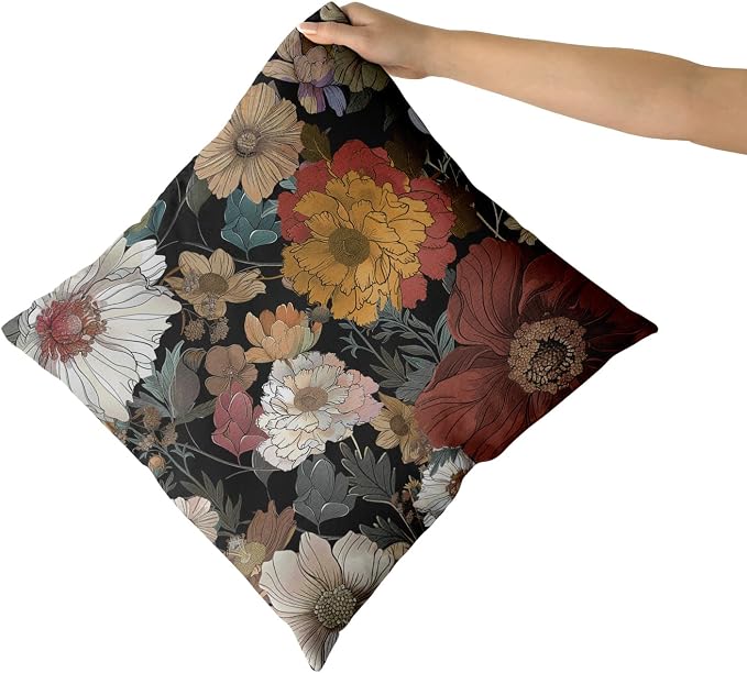 Giwawa Black Boho Flower Pillow Covers 18x18in Set of 2 Rustic Chic Floral Decorative Cotton Pillow Cases Vintage Botanical Plant Throw Cushion Covers for Sofa Couch Patio Indoor Outdoor