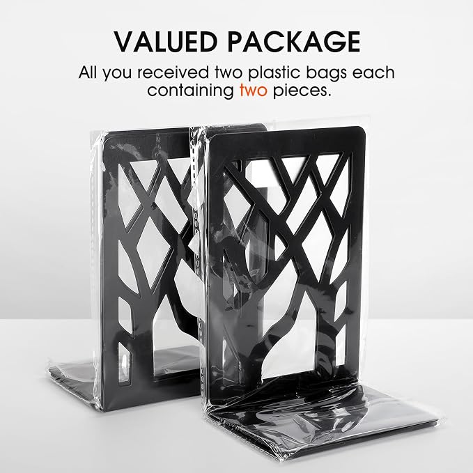 MaxGear Book Ends Tree Design Bookends for Shelves 7 x 4.7 x 3.5” 2 Pair | Metal Constructio,Heavy Duty,Non-Skid Pads,Scratch Resistant,Stable Support,Space Saving,4 Pieces,Bookcase Desktop Use