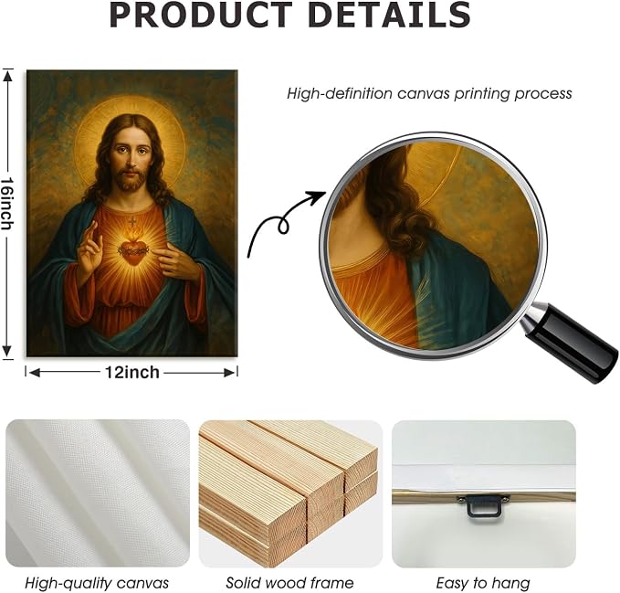 AUUAUU Sacred Heart of Jesus Wall Art Christian Canvas Painting 12x16 Inch | Religious Spiritual Picture Print Inspirational Artwork Christmas Wall Decor for Living Room Bedroom Ready to Hang