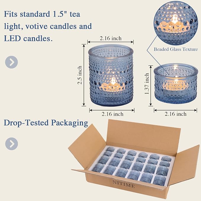 NITIME Blue Glass Votive Candle Holders Set of 24, Assorted Heights Polka Dot Tealight Candle Holders for Table Centerpiece, Blue Candle Holder Decor for Wedding, Baby Shower Party & Spa