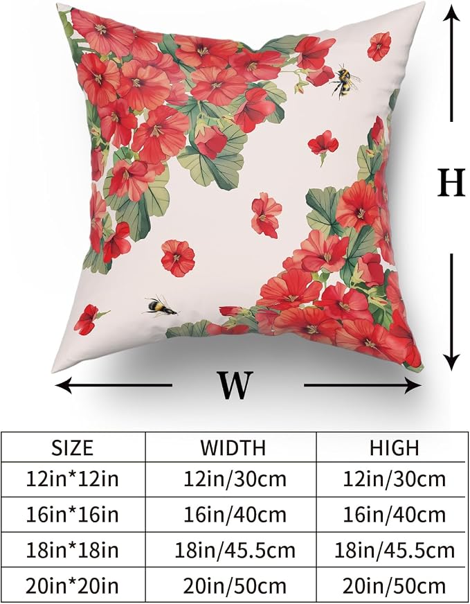 Giwawa 2PCs Geranium Throw Pillow Covers, 16"x16" Spring Summer Red Floral Bees Decorative Cotton Pillow Cases, Watercolor Flower Blossom Square Cushion Cover Sofa Couch Porch Living Room