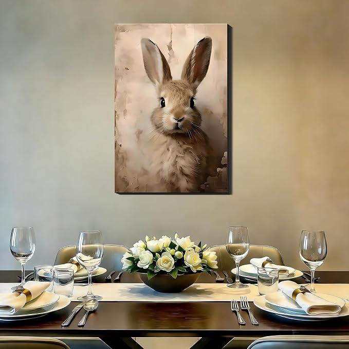 RIBNTAK Brown European Rabbit Portrait Canvas Art 16x24, Vintage Gallery Wrapped Canvas Wall Art, Easter Bunny Prints for Bedroom, Kitchen Rabbit Decor & Home Wall Decoration