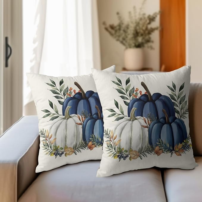 Pumpkins Throw Pillow Covers 22x22 inch 2 Packs Fall Blue and White Pumpkin Pillowcase Autumn Thanksgiving Vintage Outdoor Decorations Cotton Linen Cushion Cover for Home Bedroom Sofa Chair