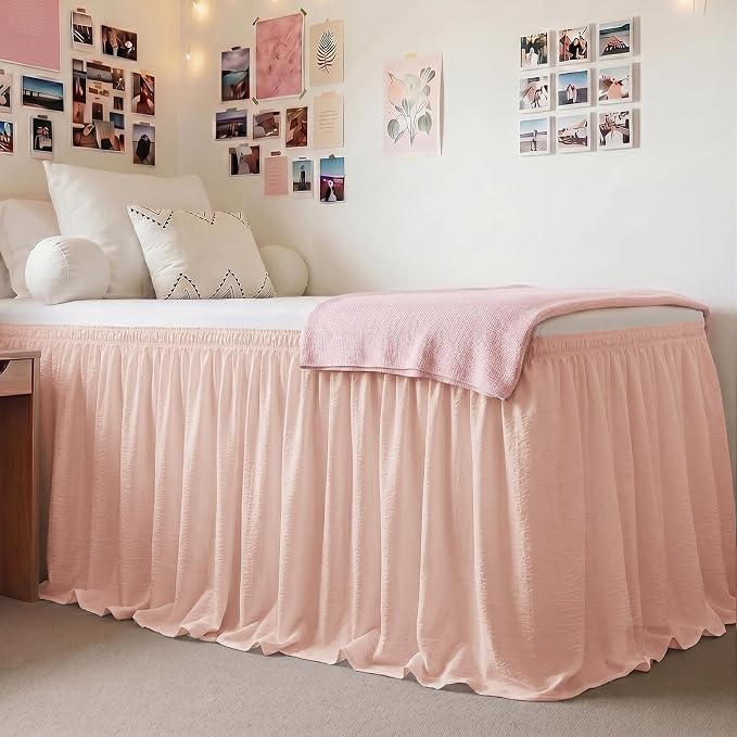 College Dorm Bed Skirt Twin XL 32 Inch Drop, Blush Pink Elastic Bedskirt | Ruffled, Wrap-around/elastic, Wrinkle-resistant, Fade-resistant, Machine Washable, Wrinkle-Free, Gift Box Packaging, Textured