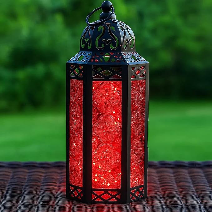 Vela Lanterns Decorative Indoor Red Gothic Fairy Light Candle Holder, M | Halloween Vampire Decor, Fantasy Witchy Whimsigoth Lamp, Moroccan Metal Hanging Flameless LED Lantern, Remote, 10.5" Tall