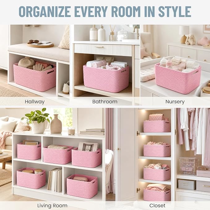 5 Pack Woven Storage Baskets, Decorative Storage Bins for Organizing | 13.8'' × 9.8'' × 7.9'', Cute Cotton Rope Basket Organizer for Closet, Shelves, bathroom, Nursery, Toys, Books, Pantry, Pink