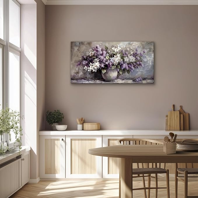 SERIMINO Still Life Large Wall Art, Purple Floral Canvas Prints 20"X40" | Vintage Vase Flowers Wall Decor, Purple Floral Pictures, Living Room Bathroom Kitchen Decor, Ready To Hang, Vibrant Colors