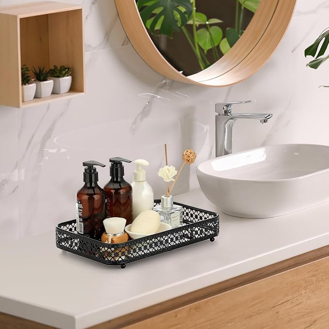 ELLDOO Black Mirror Glass Perfume & Makeup Vanity Tray, Medium Size