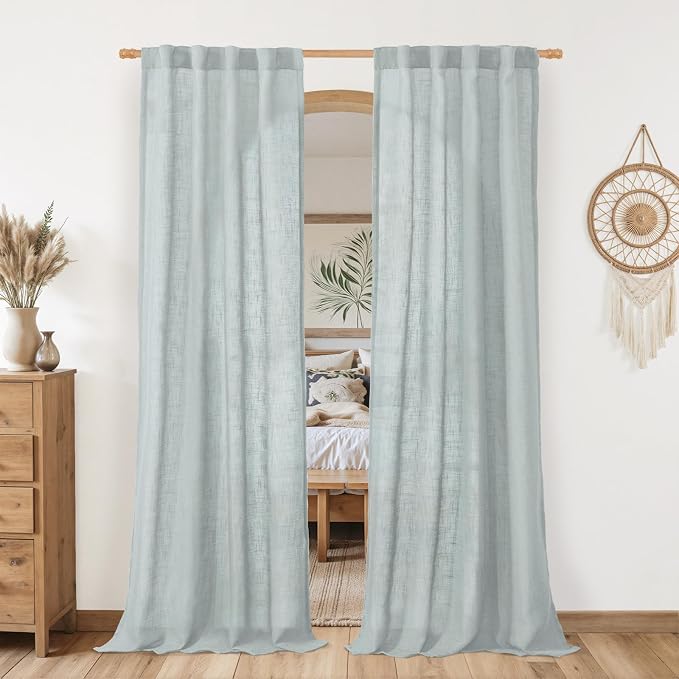 Greyish Blue Linen Boho Curtains 80 inch Length 2 Panels for Doorway | Light Filtering, Semi Sheer Panels, Neutral Drapes for Bedroom, Living Room, Farmhouse, Rod Pocket Back Tab, 34 x 80 Inch