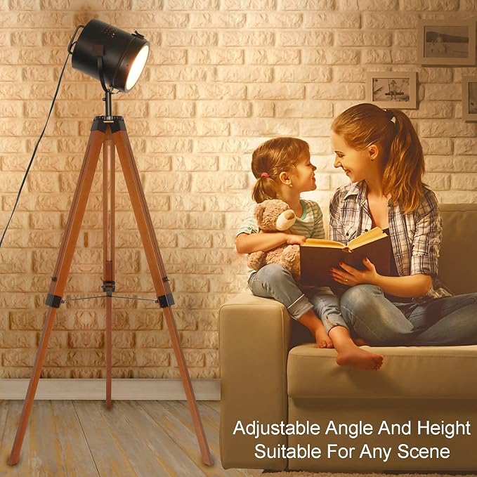 Adjustable Vintage Wood Tripod Floor Lamp for Living Room, Spotlight Black