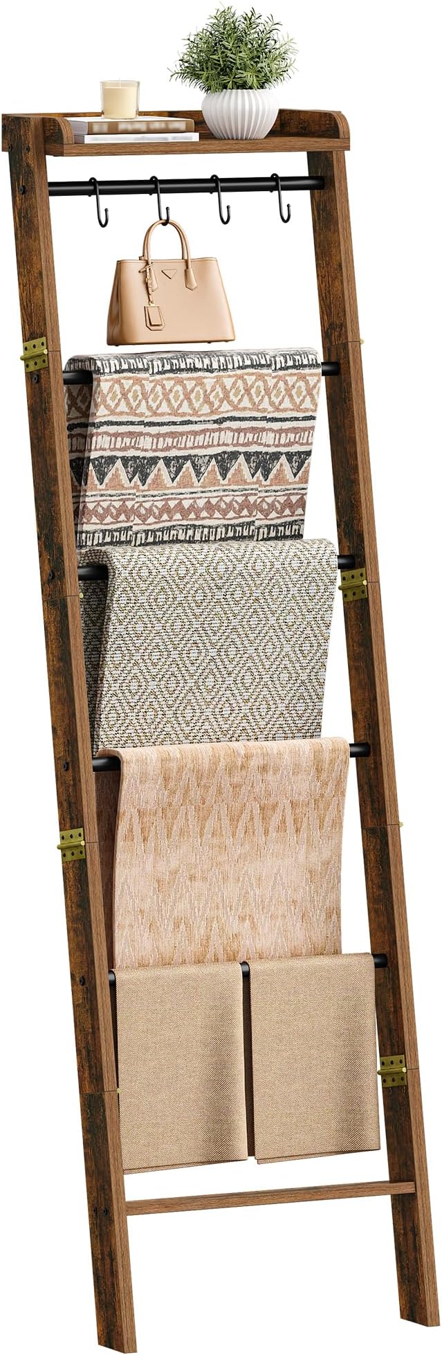 Hzuaneri Blanket Ladder Shelf, Farmhouse Ladder Holder, Blanket Organizer | 7-Tier Decorative Quilt Rack with 4 Removable Hooks 7.9" D x 17.3" W x 66.9" H, Rustic Brown BR36801B