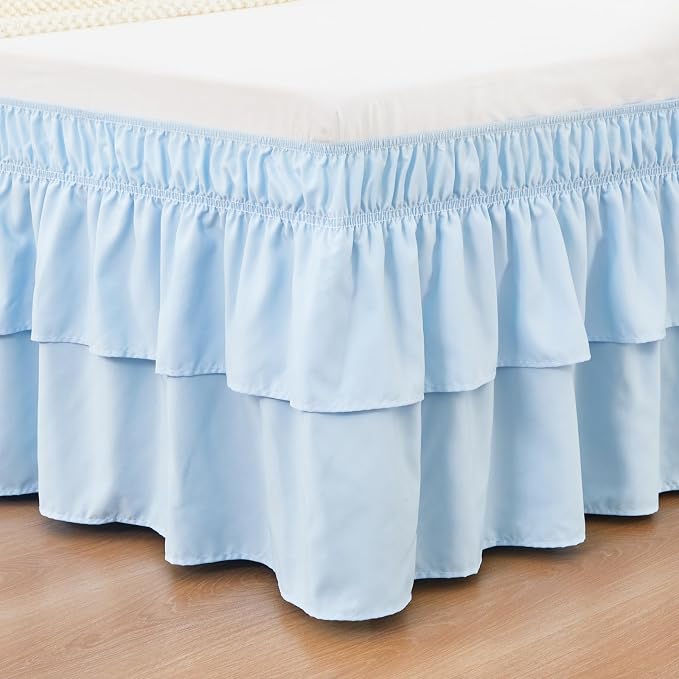 RIMELA Queen Size Ruffle Bed Skirt 15 Inch Drop - Light Blue Double Layered Wrap Around Dust Ruffle, Romantic Cute Design Bedskirt with High-Density Fabric, Soft Stretchy, Easy Install for Queen Bed