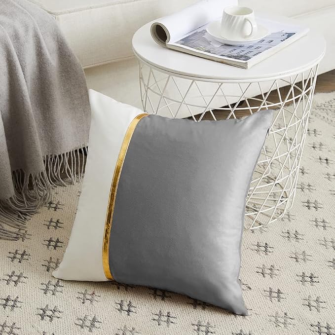 Fancy Homi 2 Packs Grey Decorative Throw Pillow Covers 18x18 Inch for Living Room Couch Bed, Velvet Patchwork with Gold Leather, Luxury Modern Farmhouse Home Decor, Accent Cushion Case 45x45 cm