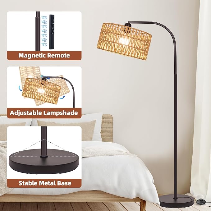 Brilvibera Boho Floor Lamp with Dimmable Bulb Rattan Double Shade Lamp