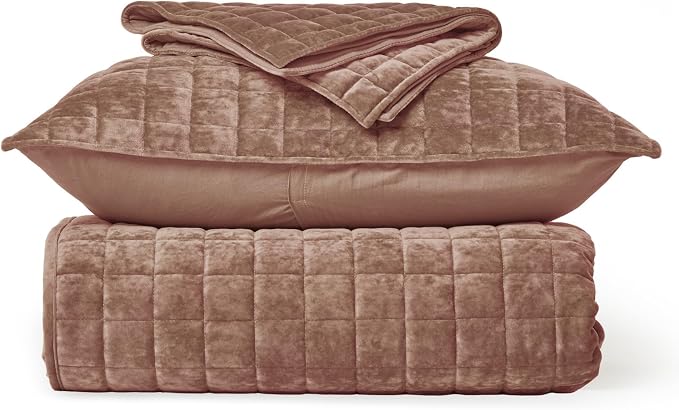 RECYCO Channel Box Stitch Velvet Quilt Set, Queen Size, Terracotta Clay | Ultra Soft Lightweight Velvet Comforter, Luxury Oversized Bedspread Coverlet, Quilted Bedding Set for All Season with 2 Shams