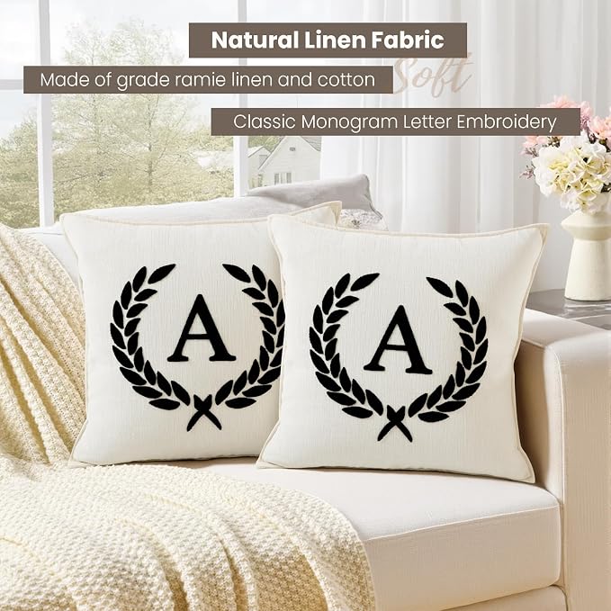 Pack of 2 Chenille Initials Pillowcases 18x18 inch Cream White