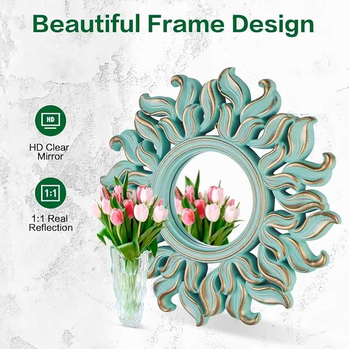Decorative Wall Mirror, Round Green Mirror, 10 x 10in | Compact plastic-frame circle mirror for bedrooms, entryways, living rooms and modern wall decor.