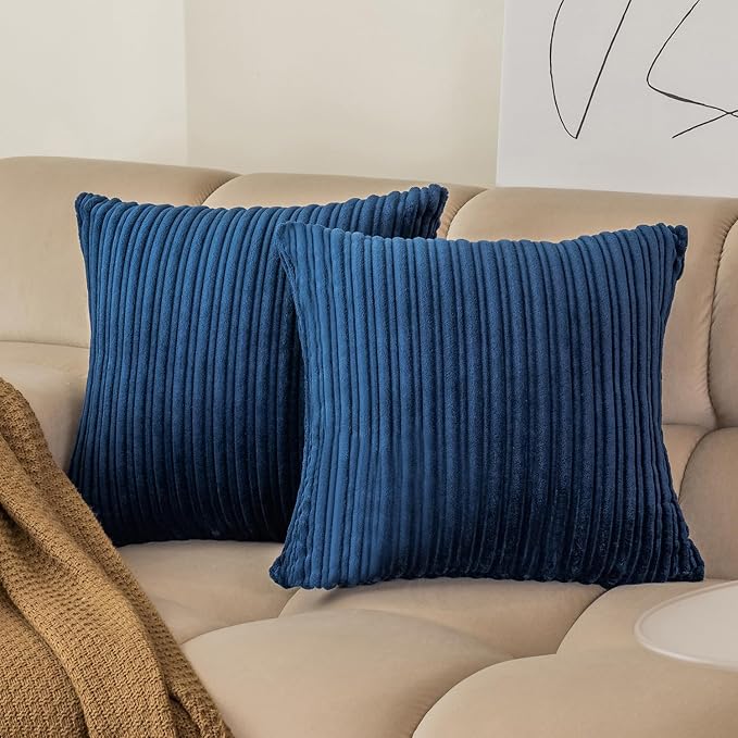 Kevin Textile Striped Corduroy 24”x24” Pillow Covers 2 Pack, Navy Blue